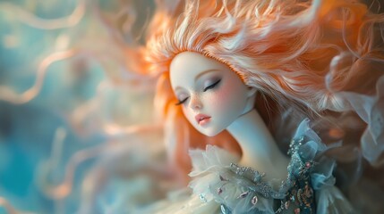 Naklejka premium Porcelain doll with flowing red hair, closed eyes, and delicate features, wearing a sparkly dress, against a light blue background.