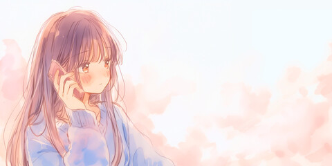 電話をする少女。水彩画。挿絵、イラスト。
