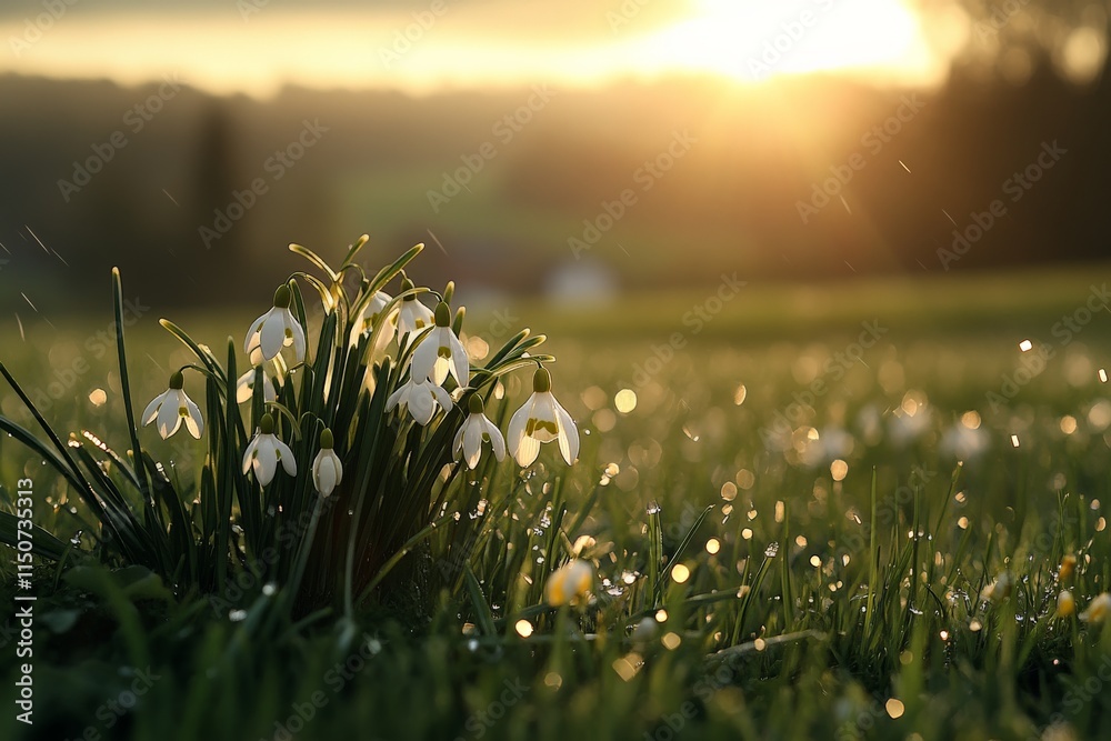 Poster Snowdrop flowers bloom in the golden light of early morning in a serene landscape