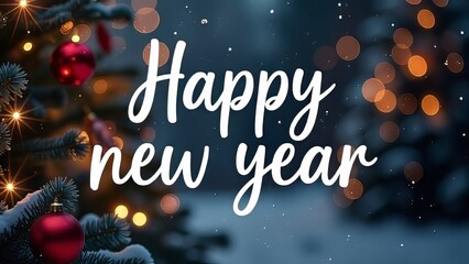 Big white Handwriting thin Letters “happy new year ” over Christmas background