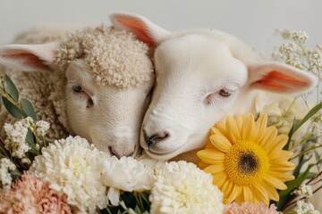 Fototapeta premium Two adorable lambs nestled among colorful flowers in a serene setting
