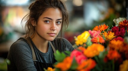 Fototapeta premium A young woman surrounded by vibrant flowers in a floral shop.