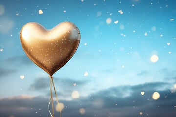 Obraz premium A decorative golden heart-shaped balloon floating in a pastel blue sky