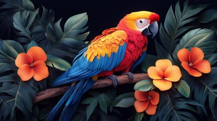 Fototapeta premium Vibrant parrot perched on a branch in the lush rain forest during morning light