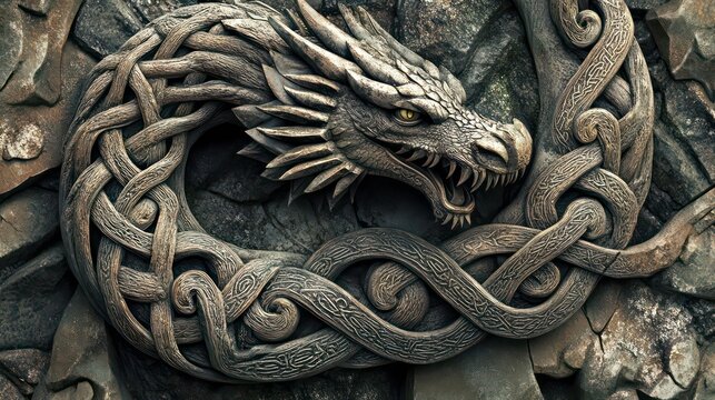 Intricate Celtic dragon carving in stone, coiled and detailed.
