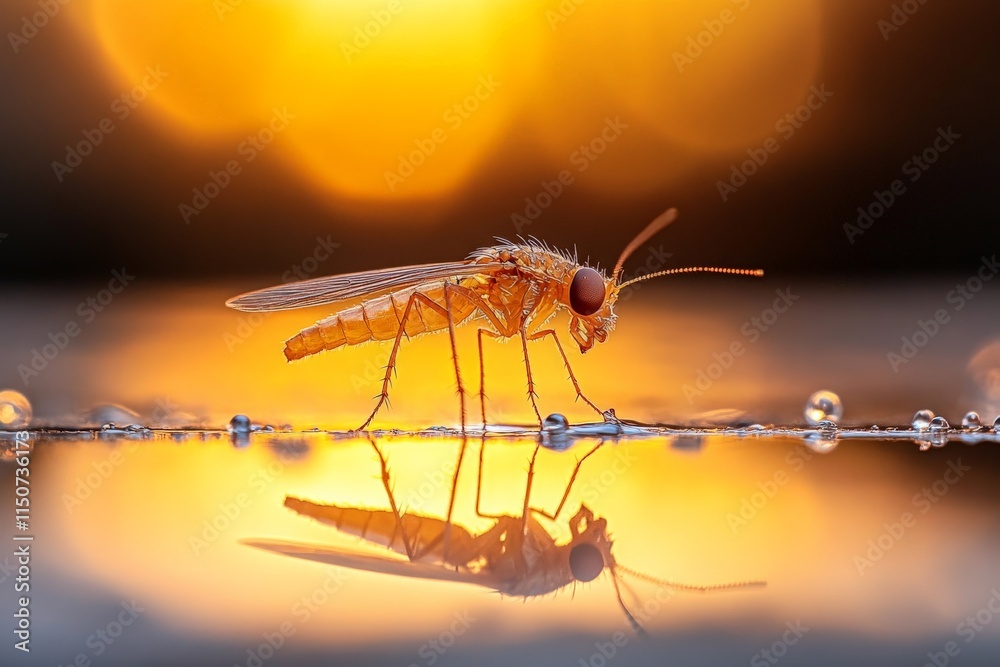 Wall mural Orange fly on a reflective surface with sunset bokeh in the background showcasing intricate details