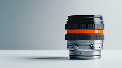 Silver camera lens, orange ring,  clean background.