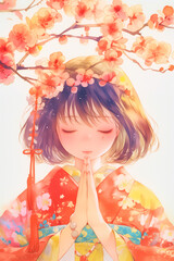 着物姿で初詣に来少女。イラスト。水彩画。