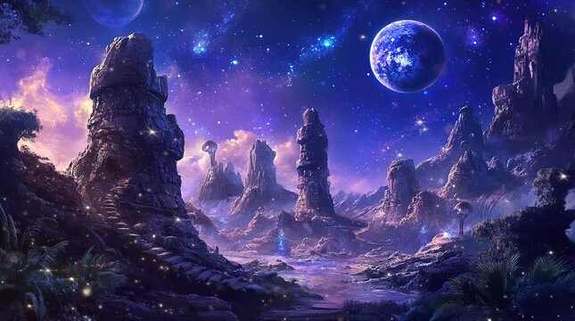 Unknown alien planet surface with a massive planet in the sky under a starry night  
Seamless looping 4k time-lapse virtual video animation Generated AI
