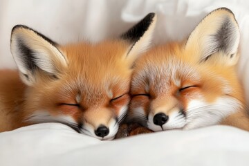 Obraz premium Two adorable red foxes sleeping peacefully together in a cozy setting during the day