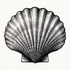 Vector Seashell. Hand drawn illustration of sea Shell on isolated background. Drawing of Scallop on outline style. Sketch of Cockleshell painted by black ink. Underwater line art for icon or logo.