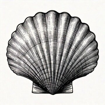 Vector Seashell. Hand drawn illustration of sea Shell on isolated background. Drawing of Scallop on outline style. Sketch of Cockleshell painted by black ink. Underwater line art for icon or logo.