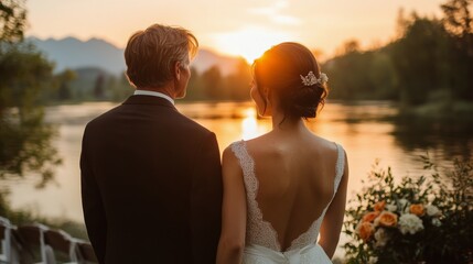 Couple enjoying sunset during their wedding ceremony by the serene lakeside at twilight