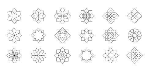 Collection of black and white linear Arabic oriental floral vector elements. Traditional arabesque icons, ornaments and patterns. Abstract flower symbols and logos in ornamental Islamic style.
