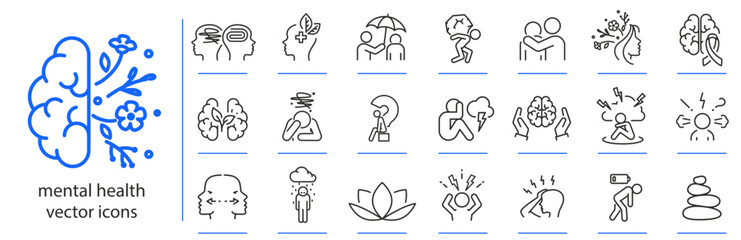 mental health icons, anxiety or stress icon set, mental personality problem simple symbols, linear vector illustration, outline editable stroke