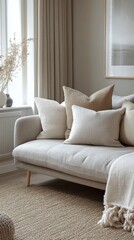Fototapeta premium Cozy grey sofa with decorative pillows in modern living room setting