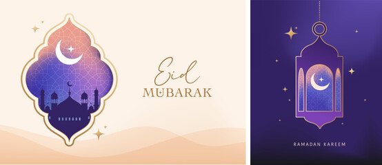 Ramadan Kareem window and lantern backgrounds. Modern Islamic greeting card template and wallpaper design. Poster and media banner vector illustration © Marina Zlochin