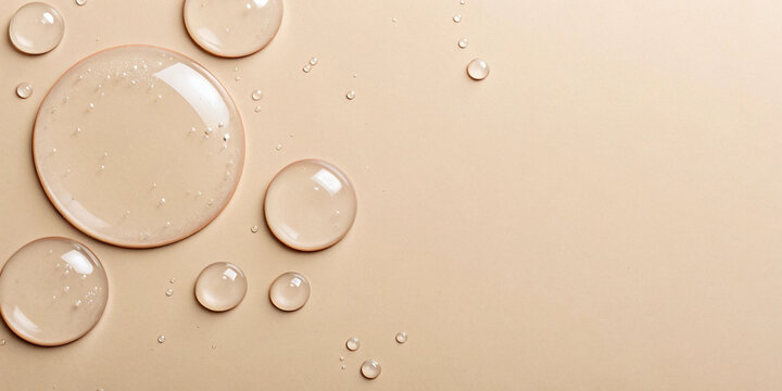 Generative ai. a close-up of a group of water droplets on a beige background. The droplets are of different sizes and shapes, with some being larger and some being smaller
