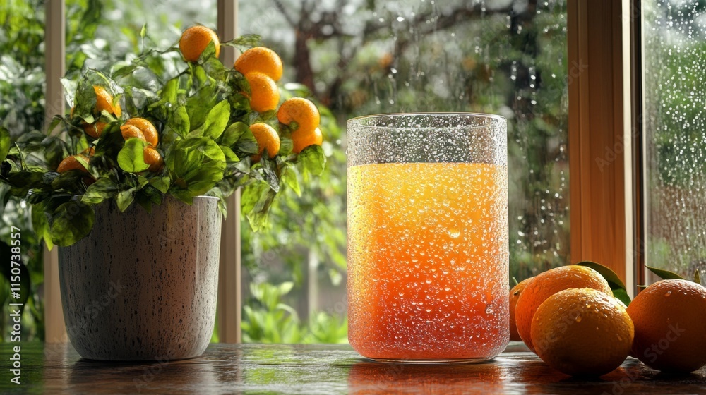 Poster refreshing orange juice with citrus fruits and raindrops on window