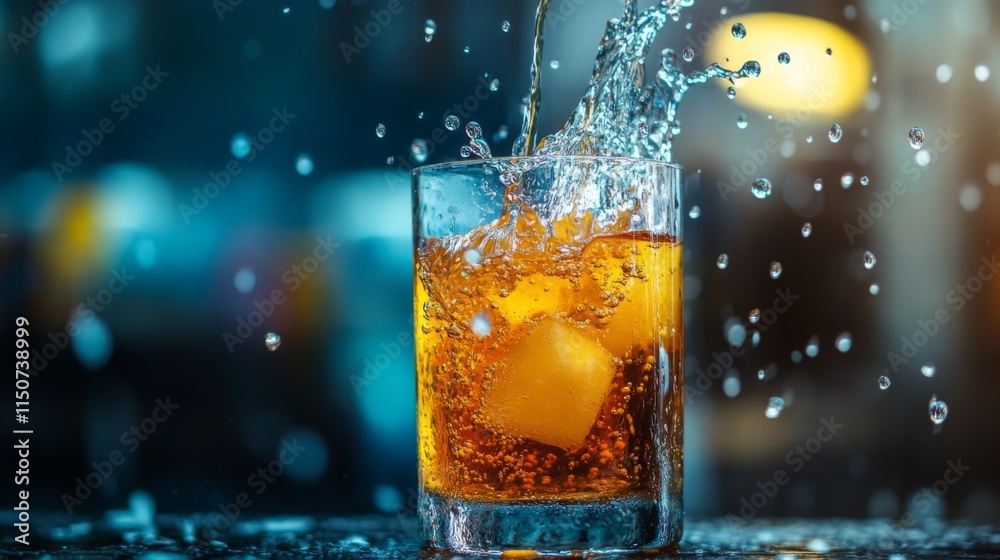 Poster Splashing Drink with Ice Cubes in Glass Against Soft Background
