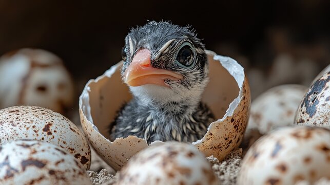 Baby bird hatching from egg in lush green environment during daylight