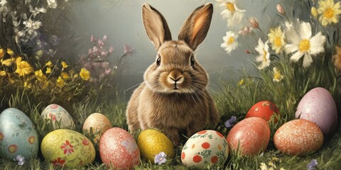 A fluffy rabbit sits among a variety of decorated Easter eggs in a lively garden during spring, showcasing blooming flowers and fresh greenery. Generative AI