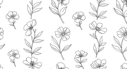 Black and white floral line art.  Botanical seamless pattern.  Minimalist abstract flowers and leaves.  Nature inspired.