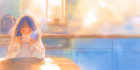 朝、寝起きにスープを飲む少女。水彩画。イラスト。