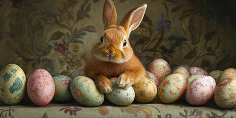 A cute bunny sits among beautifully painted Easter eggs, showcasing pastel colors and floral designs on an ornate background. Generative AI