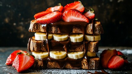 Delicious Stacked French Toast with Chocolate, Strawberries, Bananas