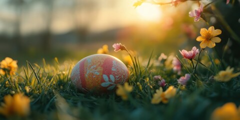 A beautifully decorated egg rests on lush green grass surrounded by bright wildflowers under the warm glow of the setting sun in spring. Generative AI