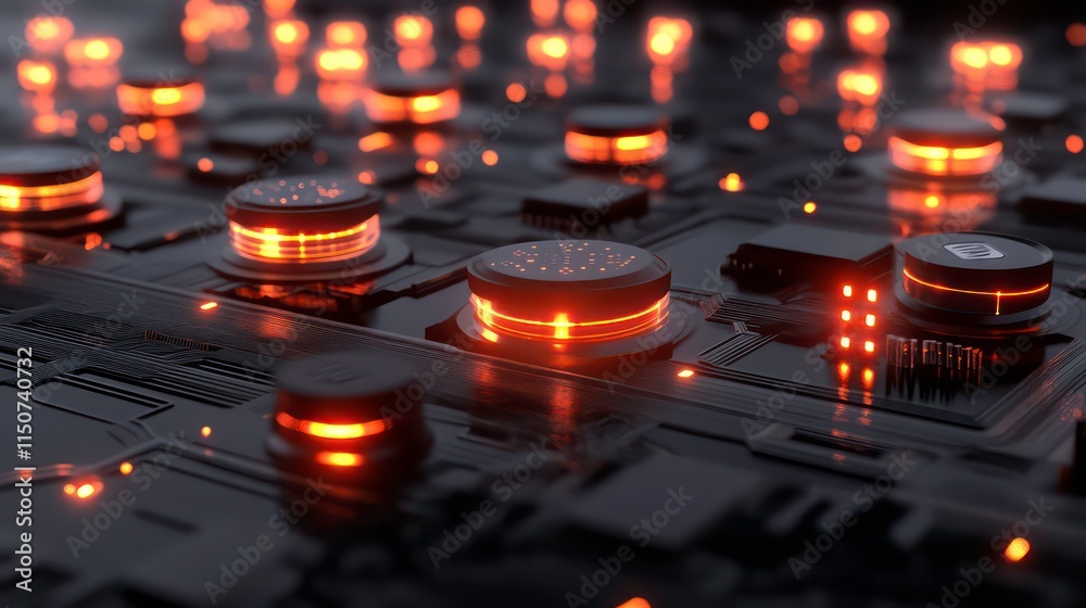 Poster Close-up of illuminated circuit board with glowing components. (1)