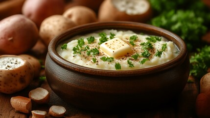 Creamy Mashed Potatoes Garnished With Butter And Parsley