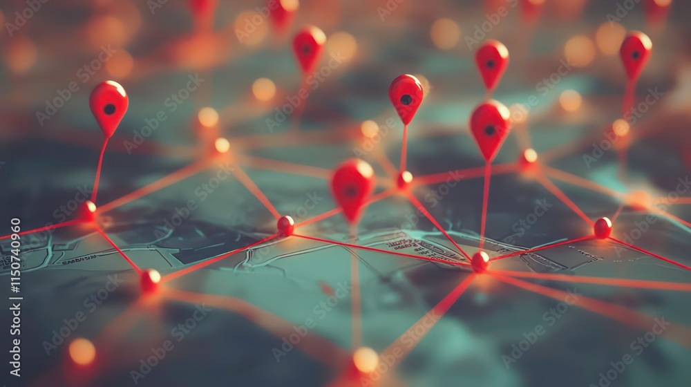 Aufkleber Red location pins connected by lines on a map, illustrating network connections and global reach.