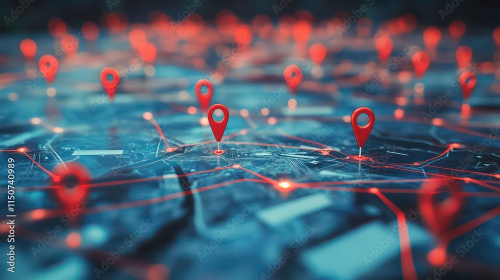 Poster Network map with red location pins illustrating connections and routes.