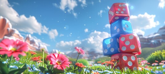 A whimsical tower of oversized dice stacked playfully in the center of a vibrant green meadow