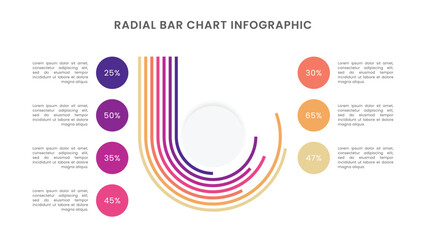 Radial bar chart diagram infographic with 7 segments or rings.