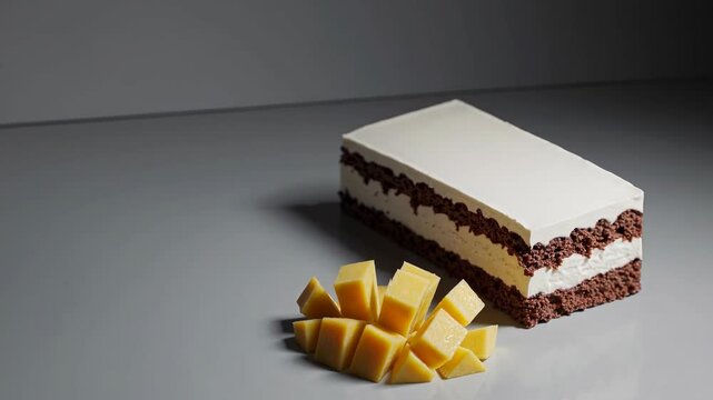 Chocolate and vanilla layer cake with a side of diced mango pieces on a minimalist surface.