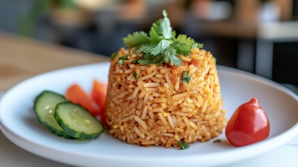 Vibrant Plate of Flavored Rice Garnished with Fresh Vegetables