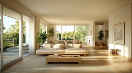 Fototapeta premium Stylish living area bathed in sunlight features minimalist furniture and greenery, creating a serene atmosphere for relaxation