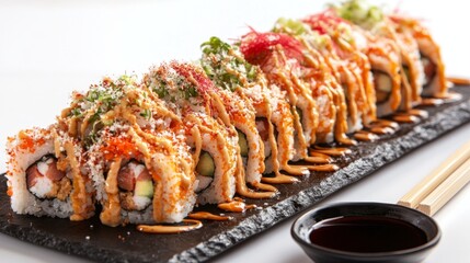 Colorful Sushi Rolls Served on a Black Slate Platter with Sauce