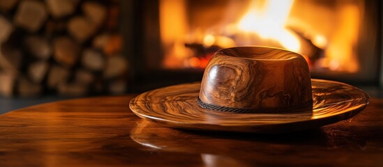 Wooden hat on a table in front of a fireplace.