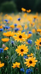 Obraz premium Vibrant yellow and blue wildflower field in late spring with lush green background