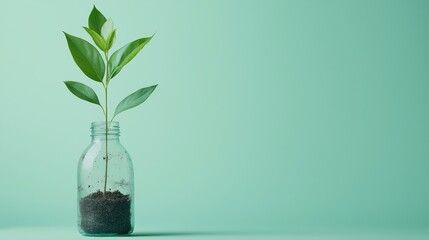 Young green plant in a glass jar with soil against a soft green background, ideal for eco-friendly branding, sustainability campaigns, or environmental awareness, with clean copy space