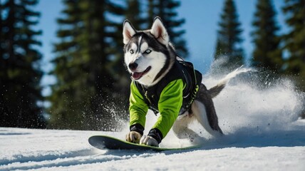 A funny dog in a ski suit and goggles rides a snowboard down the mountain, showing style and speed!
