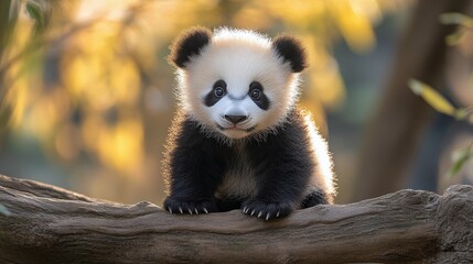 Obraz premium Cute panda cub sitting on a tree branch in a natural habitat during daytime