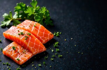 Salmon fillet on a black background with space for text. Salmon with greens on a plain background. Sign for a fish store. Seafood delicacies on a black background.