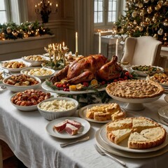 Festive Christmas dinner: a cozy table with exquisite dishes, aromatic pies, candles, and decor for a warm family atmosphere.
