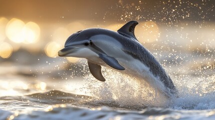 Obraz premium Dolphin leaps gracefully through glistening waves at sunset over the ocean