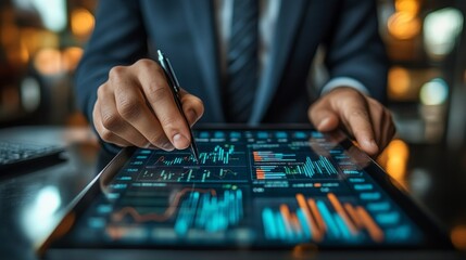 Business professional analyzing data trends on tablet during evening meeting